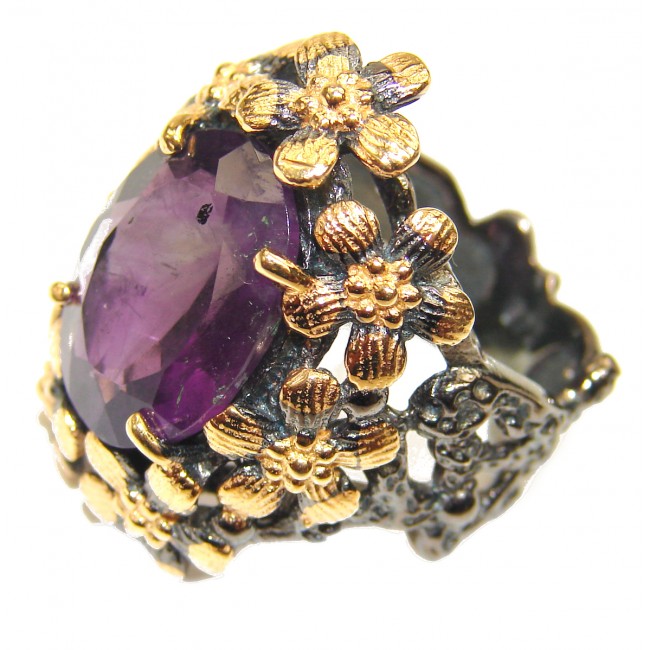 Vintage Style Amethyst black rhodium over .925 Sterling Silver handmade Cocktail Ring s. 6