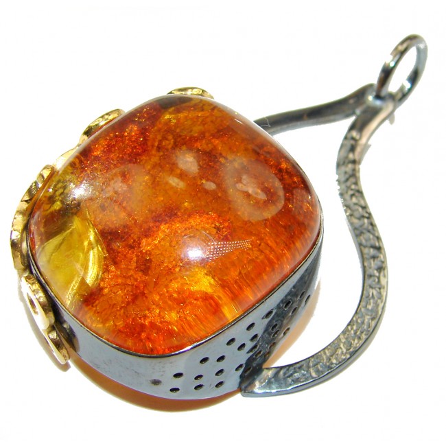 Ancient Treasure Natural Baltic Amber 2 tones .925 Sterling Silver handmade HUGE Pendant