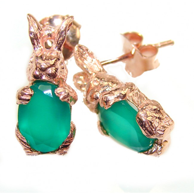 Cute Rabbits Aventuine 18K Gold over .925 Sterling Silver handmade earrings