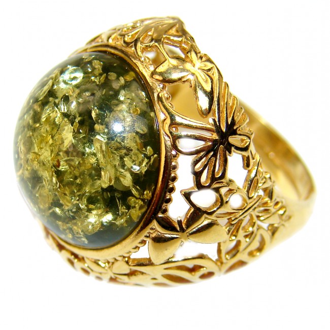 Authentic Green Baltic Amber 14K Gold over .925 Sterling Silver handcrafted ring; s. 7 1/4