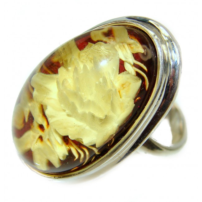 Beautiful Authentic carved Baltic Amber .925 Sterling Silver handcrafted ring; s. 6 1/4 adjustable