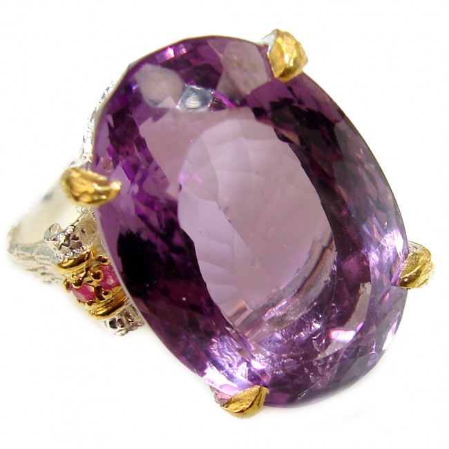 Royal Quality 62 carat Amethyst 2 tones .925 Sterling Silver handcrafted Statement Ring size 9 1/4