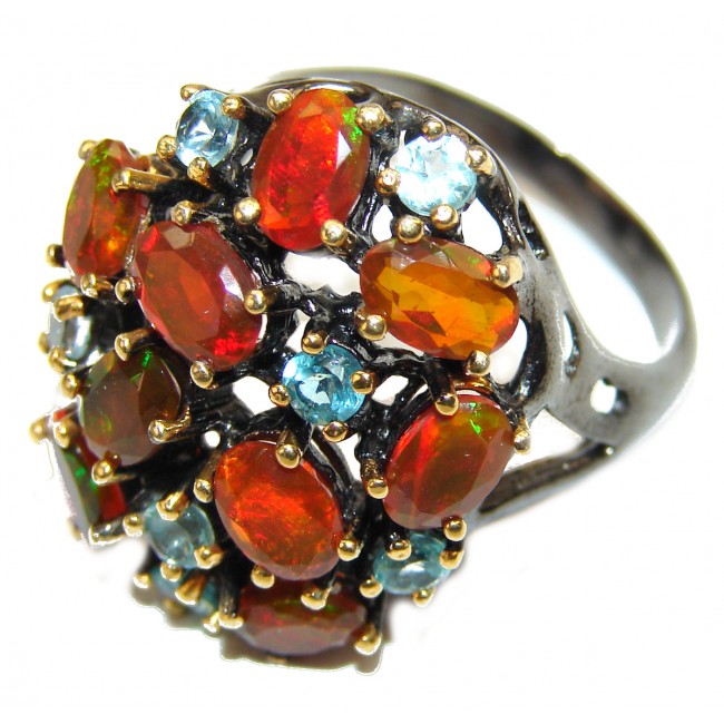 Golden Flames Genuine Mexican Opal .925 Sterling Silver handmade HUGE Ring size 9