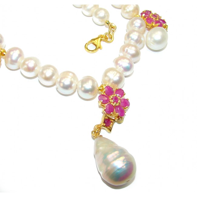 Tsarist heirloom Pearl & Ruby 14K Gold over .925 Sterling Silver handmade Necklace