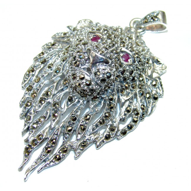 Lion King Kashmir Ruby Marcasite .925 Sterling Silver handmade Large Pendant