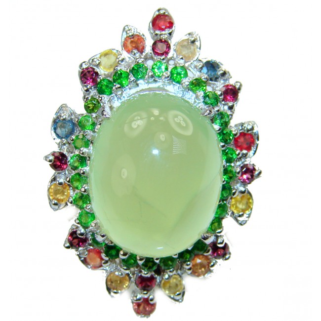 Spectacular Large 85.5CARAT Natural Prehnite multicolor Sapphire .925 Sterling Silver handmade ring s. 9