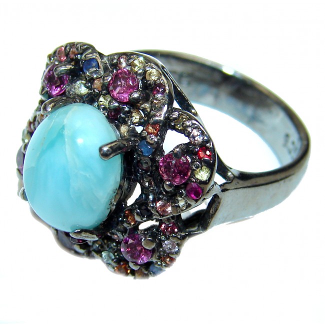 Natural Larimar black rhodium .925 Sterling Silver handcrafted Ring s. 7 3/4