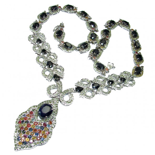 Magnificent Jewel authentic Sapphire Kashmir Ruby Emerald .925 Sterling Silver handcrafted necklace