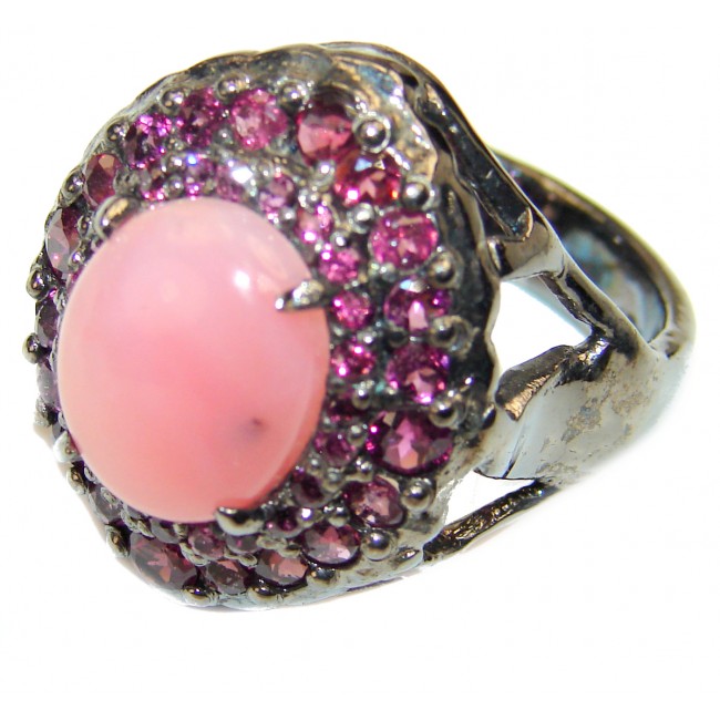 Pink Opal Garnet black rhodium over .925 Sterling Silver handcrafted ring size 9