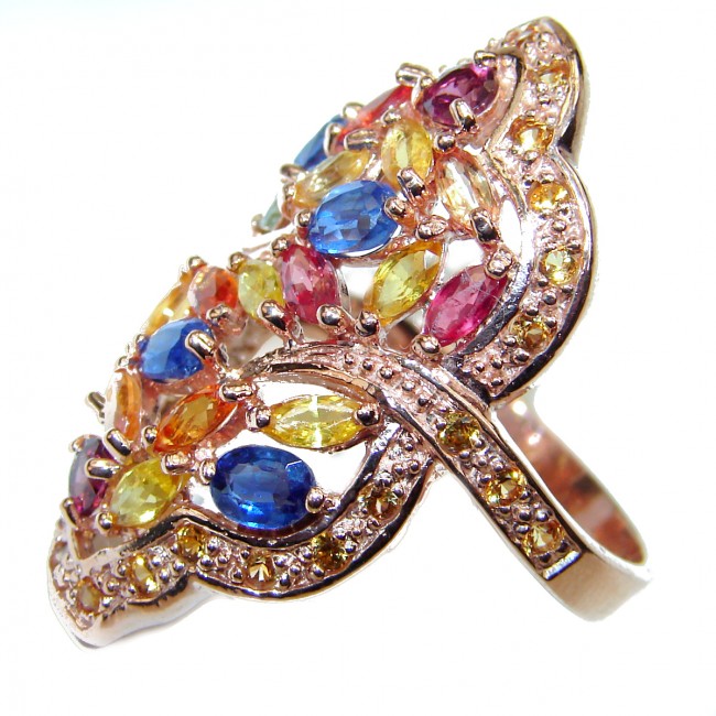 Genuine multicolor Sapphire 18K Rose Gold over .925 Sterling Silver handcrafted Statement Ring size 8