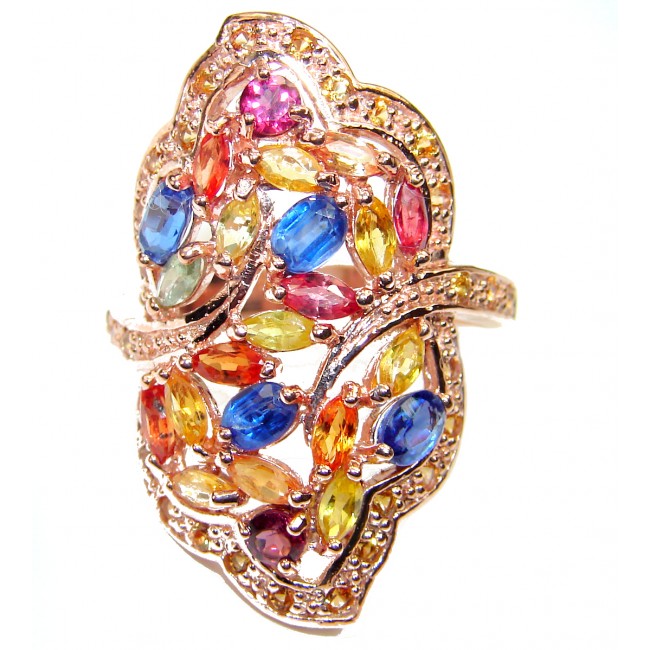 Genuine multicolor Sapphire 18K Rose Gold over .925 Sterling Silver handcrafted Statement Ring size 8