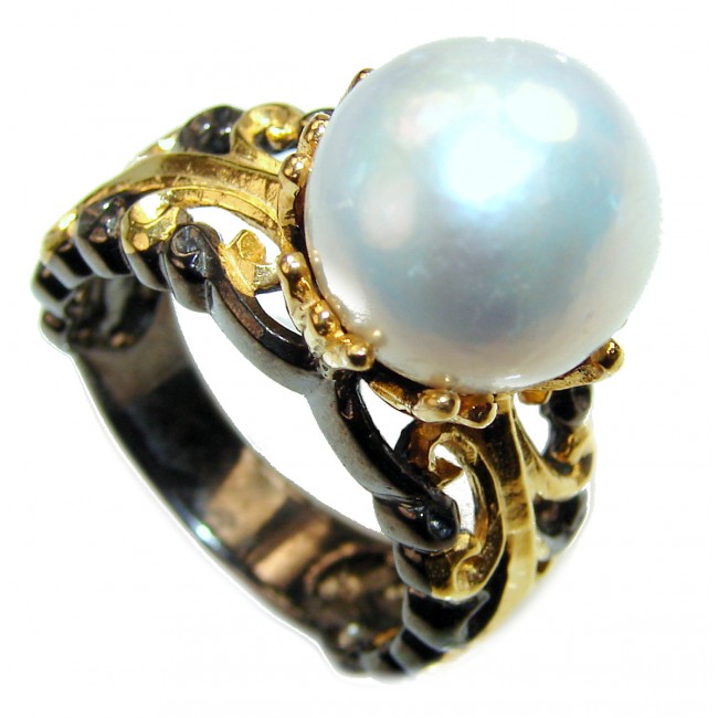 White Pearl 2 tones .925 Sterling Silver handmade ring size 10