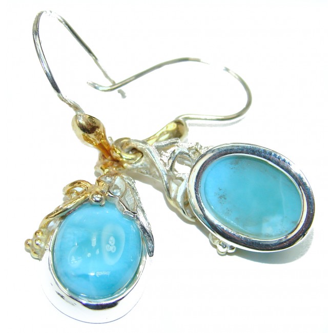 Blue Larimar 2 tones .925 Sterling Silver handmade earrings