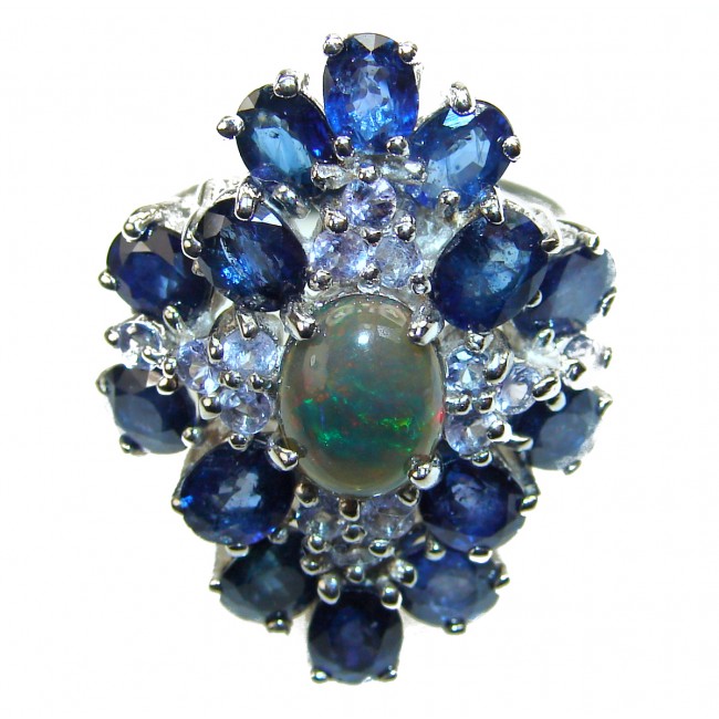 A MAGICAL INSPIRATION Authentic Black Opal Sapphire .925 Sterling Silver handmade Ring s. 7 3/4