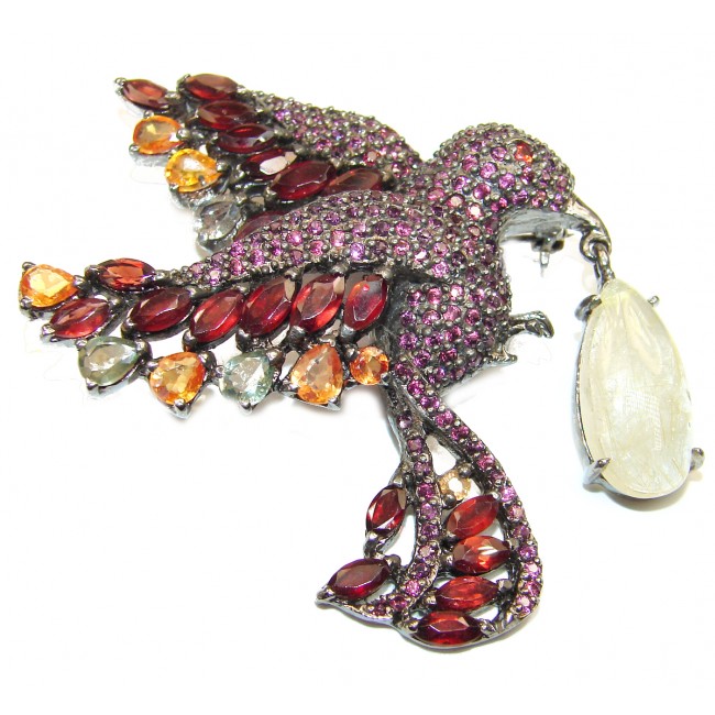 Large Bird genuine Ruby Sapphire black rhodium over .925 Sterling Silver handmade Pendant - Brooch