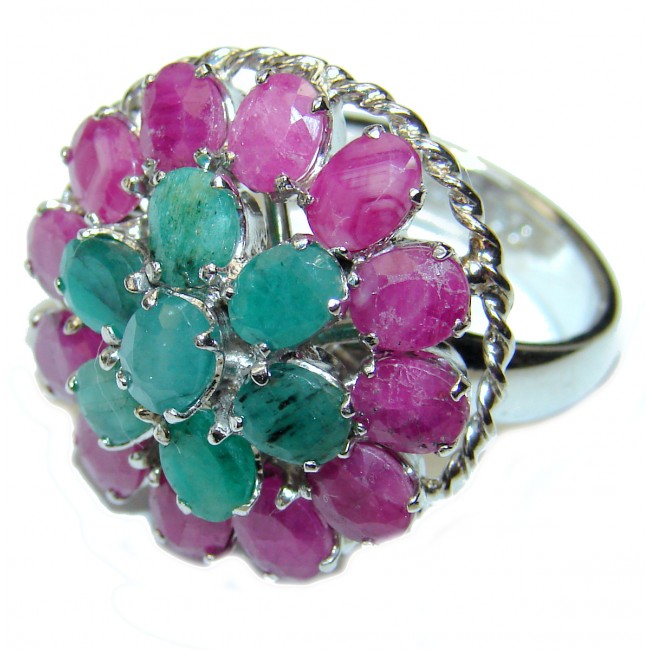 Genuine Emerald Ruby .925 Sterling Silver handcrafted Statement Ring size 8