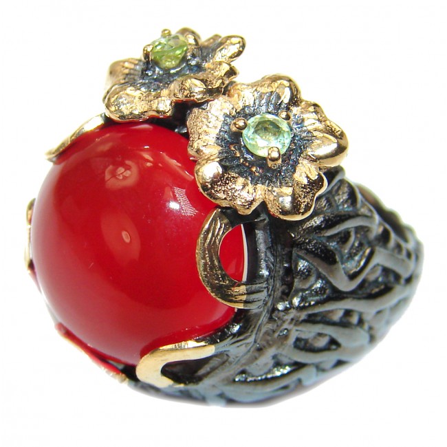 Large Natural Carnelian 18K Gold over .925 Sterling Silver handcrafted ring size 6