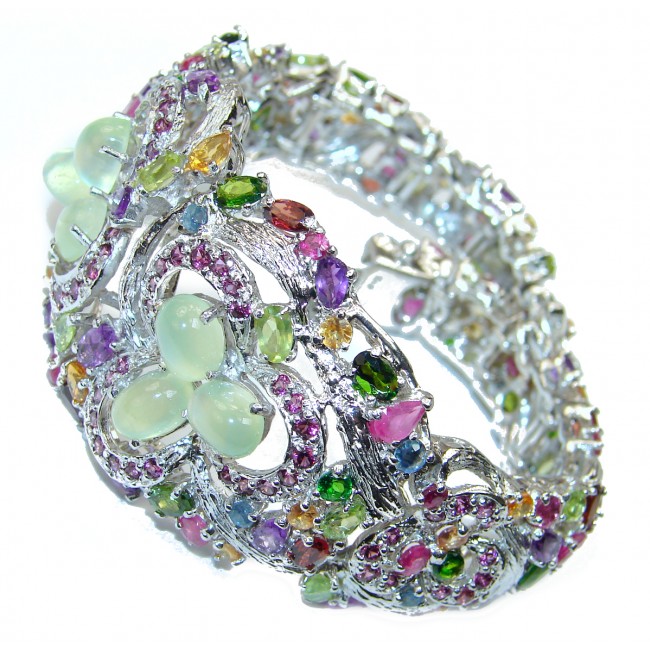 Green Royalty Huge Emerald Prehnite .925 Sterling Silver handcrafted Bracelet