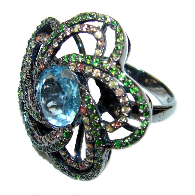 Swiss Blue Topaz multicolor Sapphire black rhodium over .925 Sterling Silver handmade Ring size 9