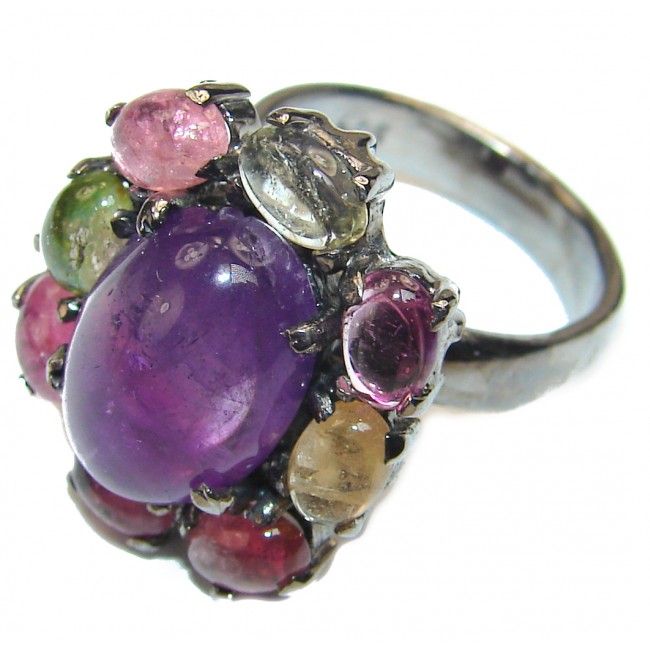 Authentic African Amethyst Tourmaline black rhodium over .925 Sterling Silver Ring size 8 3/4