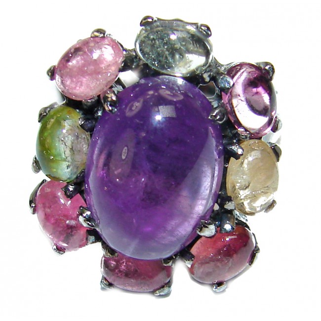Authentic African Amethyst Tourmaline black rhodium over .925 Sterling Silver Ring size 8 3/4