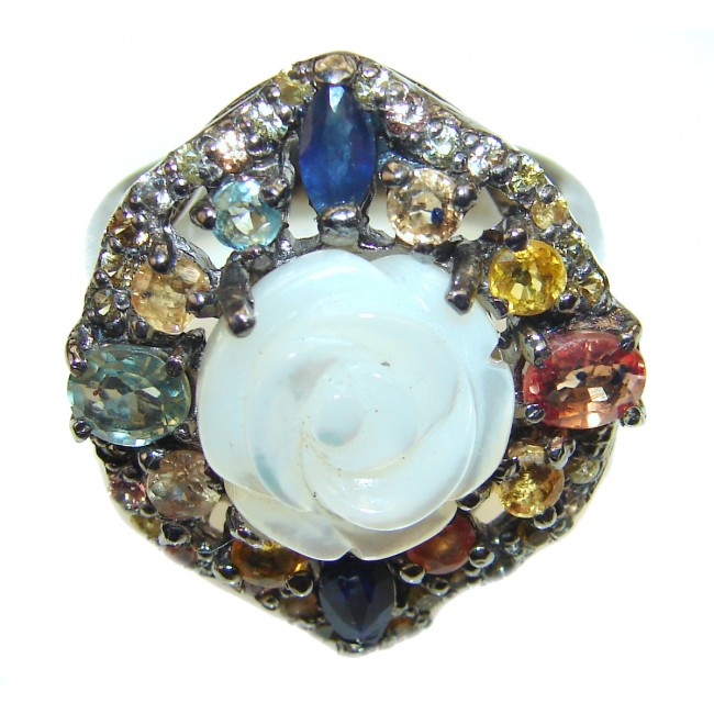 White Flower Blister Pearl black rhodium over .925 Sterling Silver handmade ring size 9