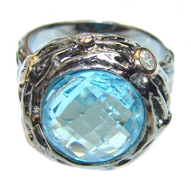Big Blue Star Swiss Blue Topaz black rhodium over .925 Sterling Silver handmade HUGE Ring size 9