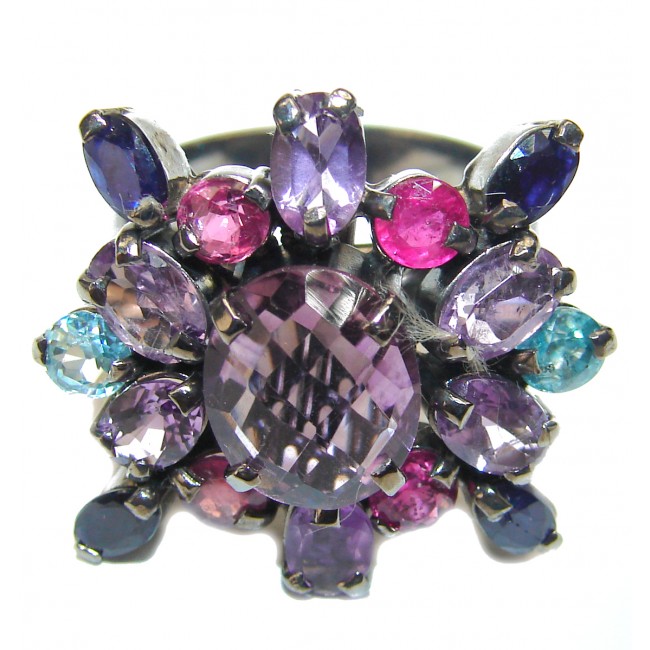 Authentic African Amethyst Tourmaline black rhodium over .925 Sterling Silver Ring size 8
