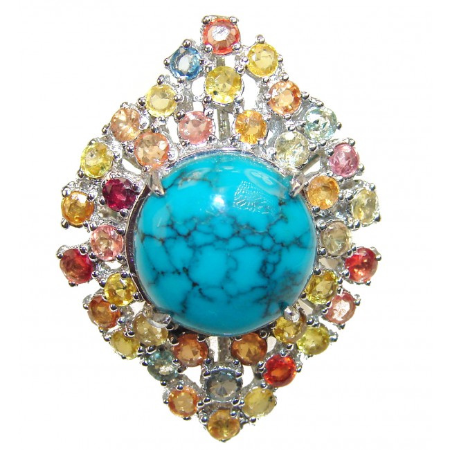 Huge Authentic Turquoise multicolor Sapphire .925 Sterling Silver ring; s. 8 1/4