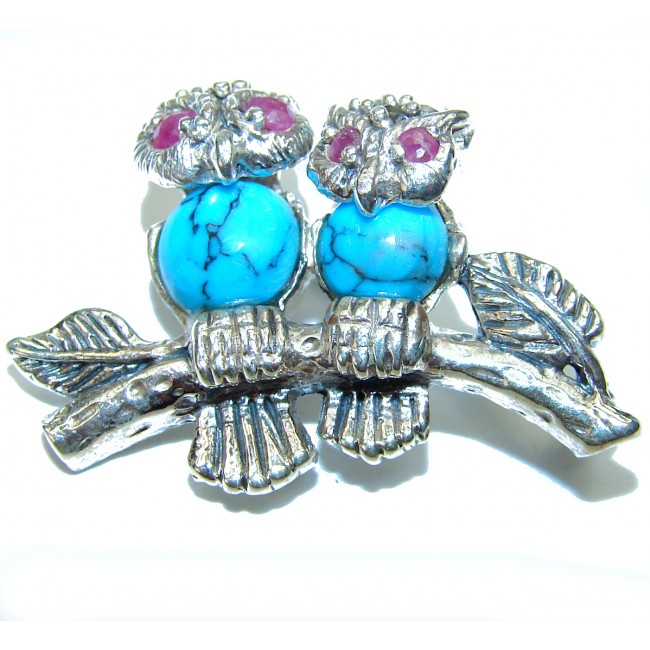Owls Blue Turquoise Sterling Silver Pendant / Brooch