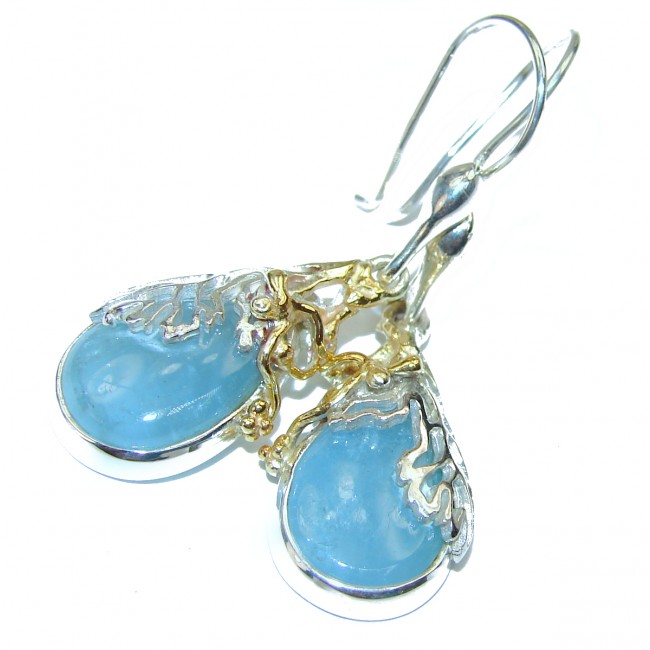Fancy Style genuine Aquamarine 2 tones .925 Sterling Silver handmade earrings
