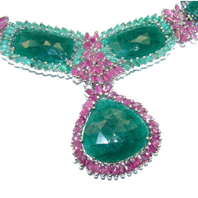 Green Queen Huge authentic Emerald Ruby .925 Sterling Silver handcrafted necklace