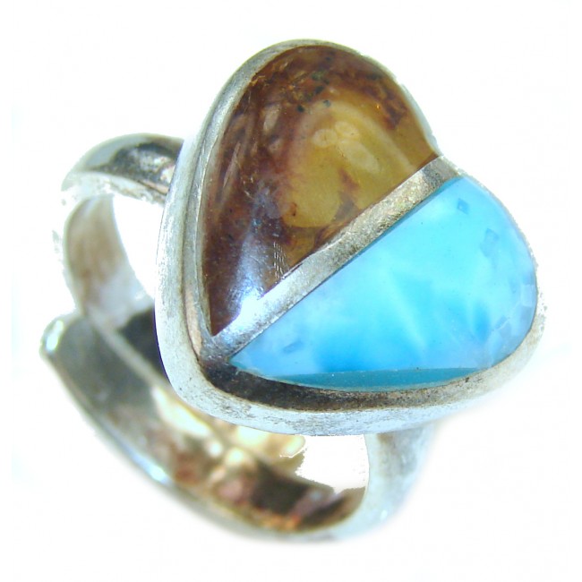 Blue Larimar Amber Angel's Heart .925 Sterling Silver handcrafted Ring s. 8 adjustable