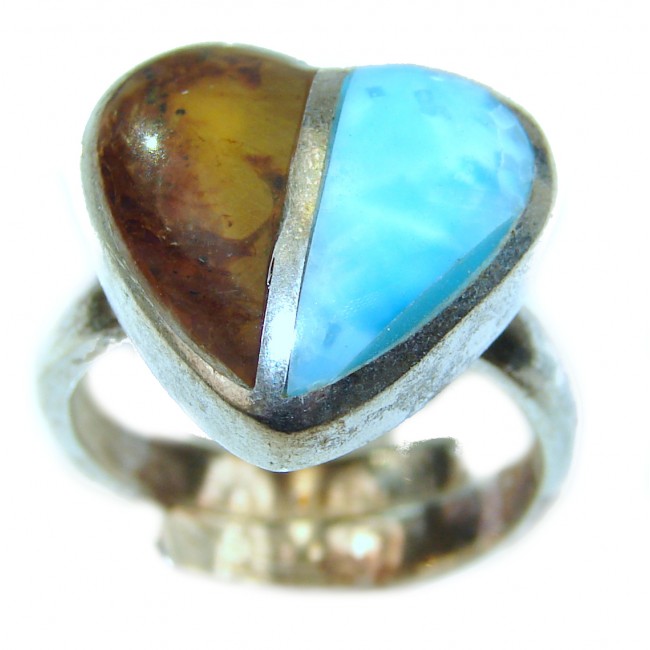 Blue Larimar Amber Angel's Heart .925 Sterling Silver handcrafted Ring s. 8 adjustable