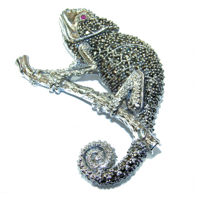 HUGE Spectacular Big Chameleon Lizard Marcasite .925 Sterling Silver handmade Brooch