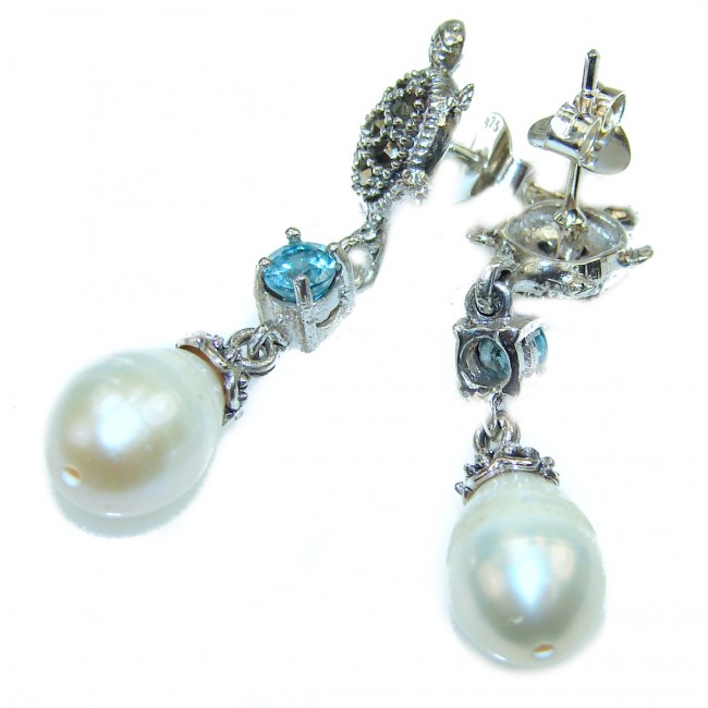 SEA TURTLES Style genuine Pearl .925 Sterling Silver earrings