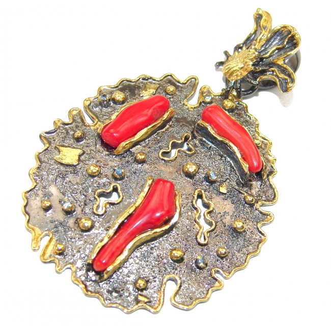 Authentic fossilized Coral 2 tones .925 Sterling Silver handmade pendant