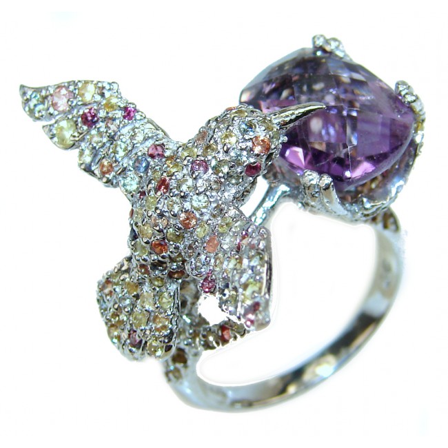 Hummingbird genuine SAPPHIRE and Amethyst .925 Sterling Silver handmade Ring size 7 3/4