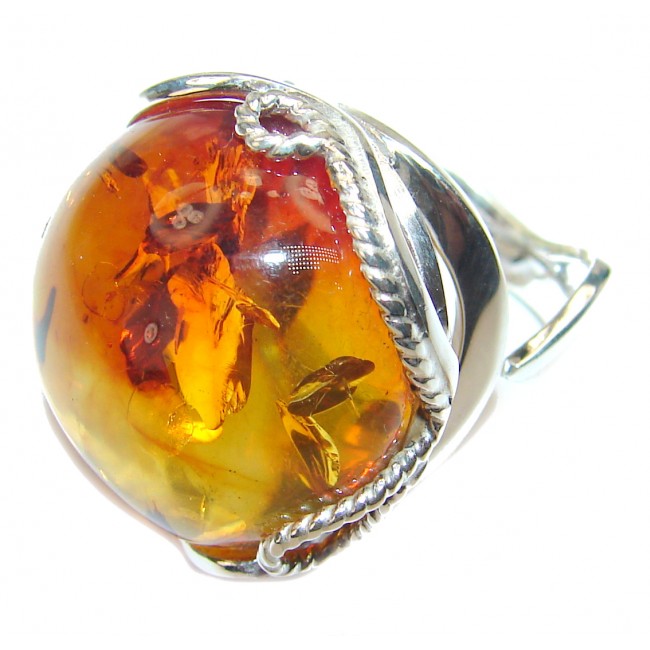 Authentic Baltic Amber .925 Sterling Silver handcrafted HUGE ring; s. 8 adjustable