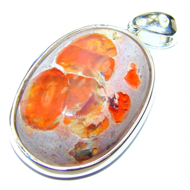 Unique Design Natural 45.2 carat Mexican Fire Opal .925 Sterling Silver handmade Pendant