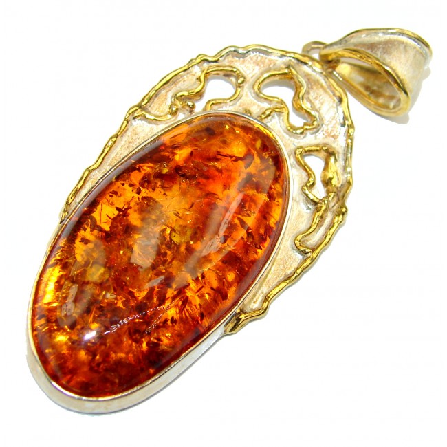Golden Beauty Natural Baltic Amber 18K Gold over .925 Sterling Silver handmade LARGE Pendant