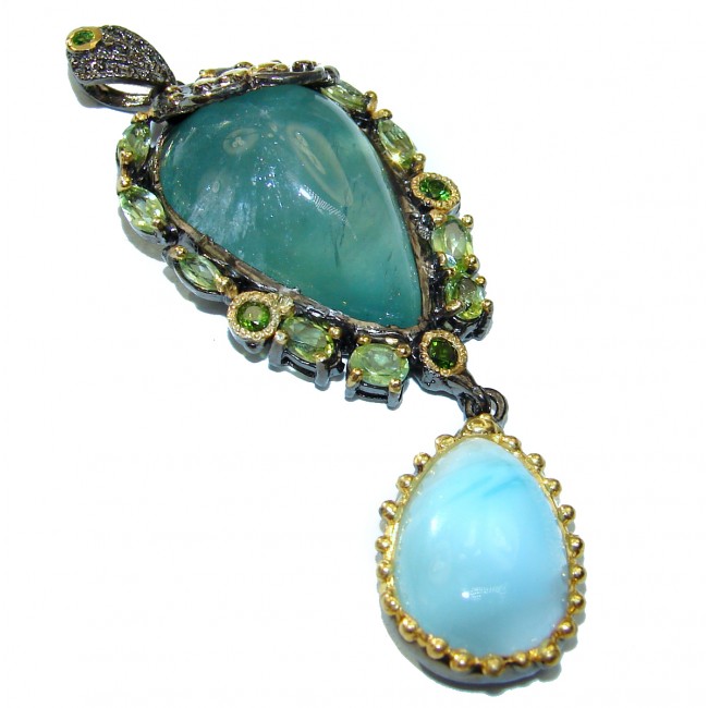 Classic Beauty Authentic Apatite Larimar 18K Gold over .925 Sterling Silver handmade pendant