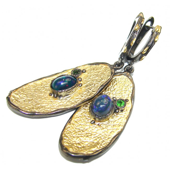 Luxury Black Fire Opal 18K Gold over .925 Sterling Silver handmade earrings