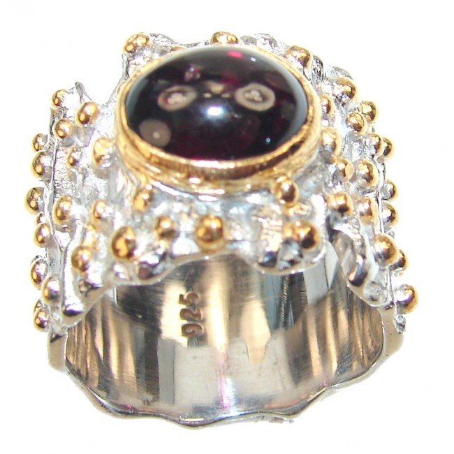 Authentic Garnet two tones .925 Sterling Silver handmade Ring s. 6 1/2