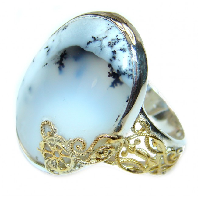 Top Quality Dendritic Agate 2 tones .925 Sterling Silver hancrafted Ring s. 8 adjustable