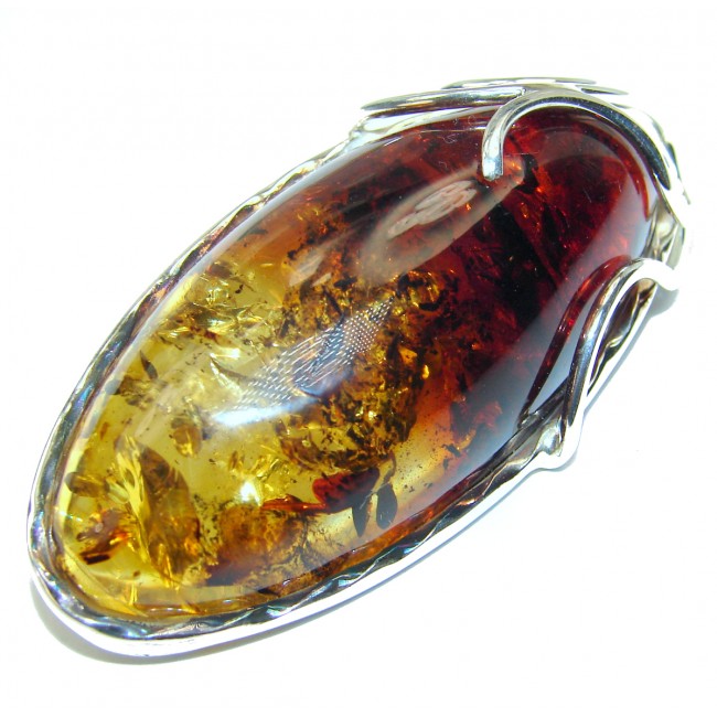 Huge Baltic Polish Amber .925 Sterling Silver handcrafted Pendant / Brooch