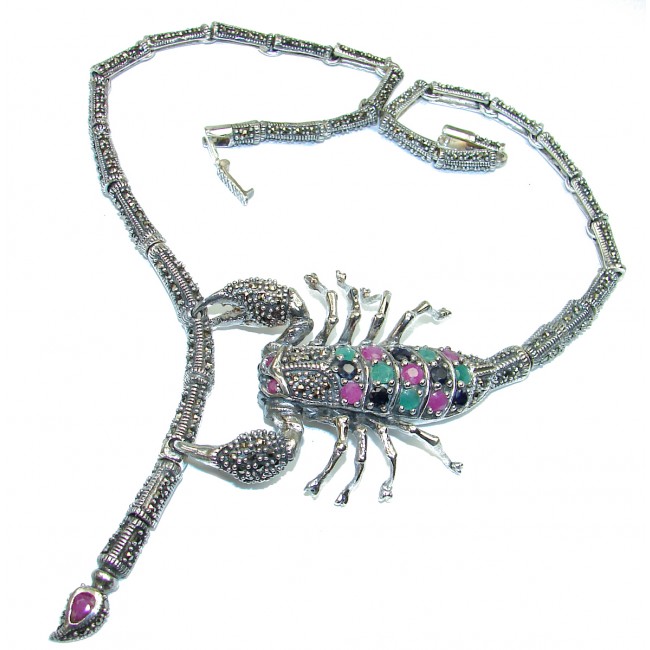 Large SCORPIO Genuine Emerald Marcasite .925 Sterling Silver handmade handcrafted Necklace