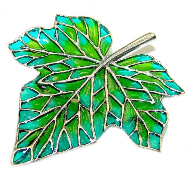 Green Summer Leaf Enamel .925 Sterling Silver handmade LARGE Pendant - Brooch