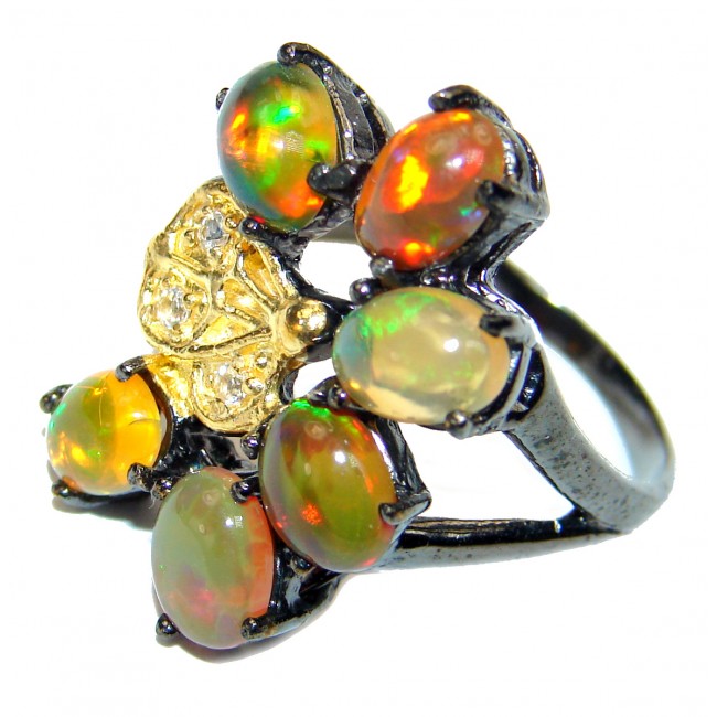 Golden Beauty Mexican Opal black rhodium over .925 Sterling Silver handcrafted Ring size 7 3/4