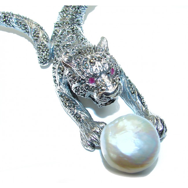 Panther Genuine Mother of Pearl Marcasite .925 Sterling Silver handmade handcrafted Necklace